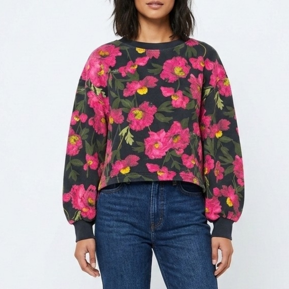 Alice + Olivia Gaia Puff Sleeve Crewneck Sweatshirt Black Size XS